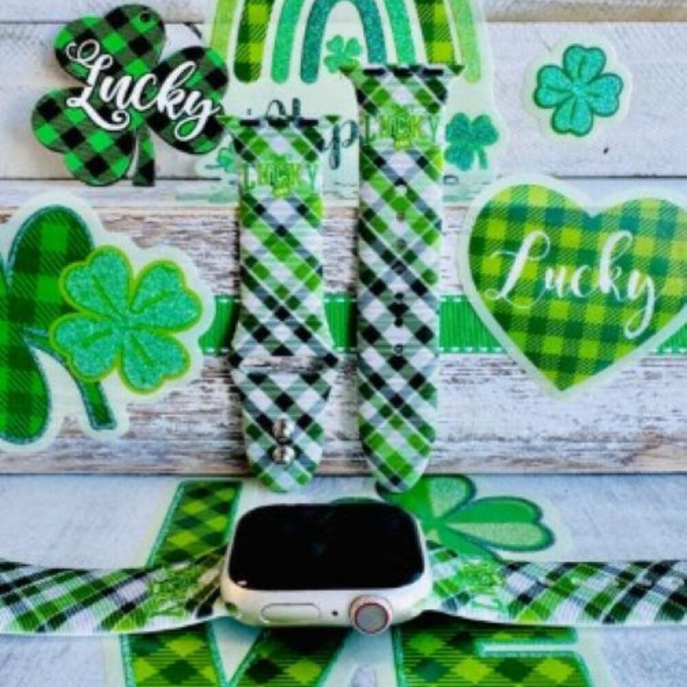St. Patrick Day Irish Tartan Green Print Silicone Apple Watch Band (38/40/41mm)